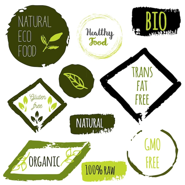 Etykiety Z Ikonami Zdrowego Jedzenia, Etykiety Ekologiczne, Elementy Produktów Naturalnych, Logo Dla Restauracji Wegetariańskiej