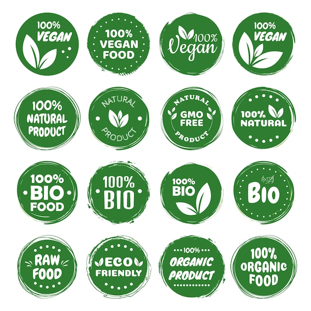 Plik wektorowy etykiety żywności ekologicznej świeże ekologiczne produkty wegetariańskie etykieta wegańska i odznaki zdrowej żywności logo weganizmu naklejka dieta wegan lub pieczęć ekologicznej żywności wegetariańska koncepcja ekologiczna