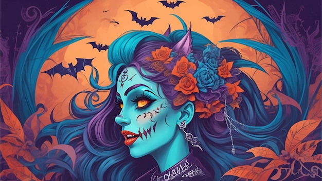 Plik wektorowy evil czarownica z nietoperzy ilustrowane tętniącego życiem tła halloween