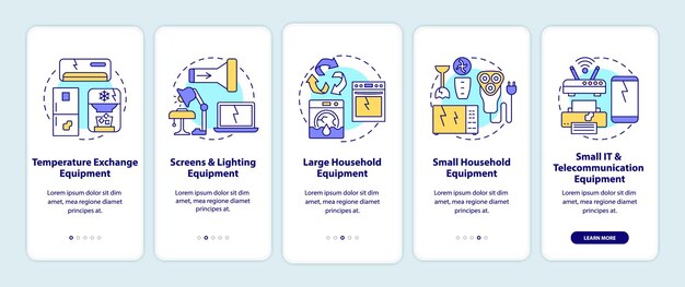 Ewaste Kategorie Wprowadzające Ekran Strony Aplikacji Mobilnej Z Koncepcjami. Przewodnik Po Dużym, Małym Sprzęcie 5 Kroków Instrukcji Graficznych.