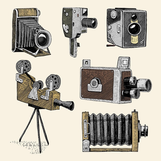 Plik wektorowy ewolucja kamery filmowej zdjęcie wideo film od pierwszego do teraz vintage grawerowane ręcznie rysowane w szkicu lub stylu cięcia drewna stary wyglądający obiektyw retro na białym tle realistyczne ilustracji wektorowych