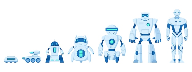 Ewolucja Robotów Kreskówek Od Prymitywnych Do Technologicznych Robotów Cyborgowych Płaskiej Ilustracji Wektorowych