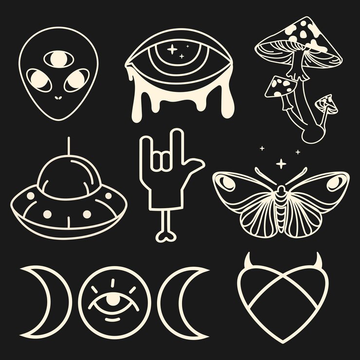 Wektor ezoteryczna ikona wektora z motylami ufo księżyce surrealistyczny rysunek psychedeliczny zestaw psychedeliczny wektor