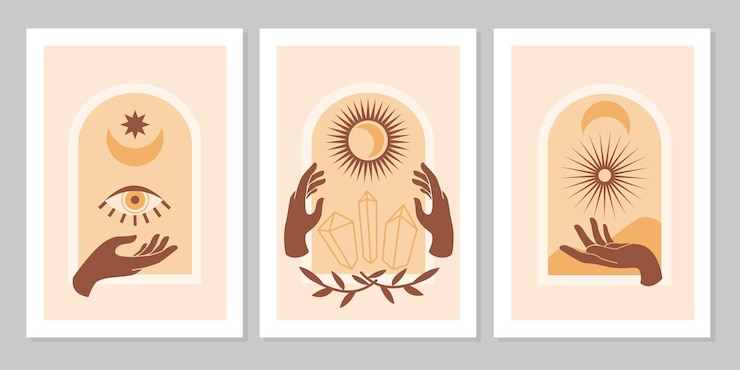 Ezoteryczne magiczne ręce z wężem, księżycem i gwiazdami na białym tle. Mistyczne Astrologia płaskie ilustracji wektorowych. Prosty kobiecy projekt logo dla karty, plakatu, zaproszenia, spa