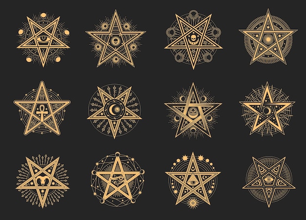 Plik wektorowy ezoteryczny okultystyczny pentagram magiczne znaki demon pentagramowy tatuaż magiczna pieczęć murarska szatan pentagram linia wektor zestaw symboli alchemia czary ezoteryczne lub okultystyczne znaki z gwiazdami pentagramu w okręgu