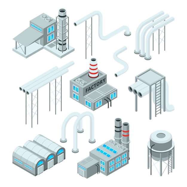 Plik wektorowy fabryczna rura i zestaw budynków przemysłowych. zdjęcia w stylu izometrycznym