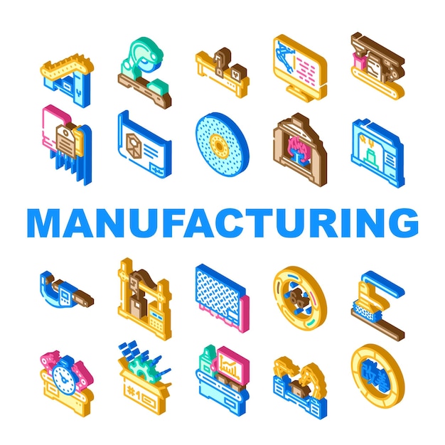fabryka produkcja ikony zestaw wektor inżynier maszyn robot zakład technologia budowy biznes praca maszyny produkcja fabryka produkcja izometryczny znak ilustracje