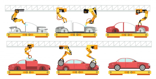 Plik wektorowy fabryka samochodów robotic motoryzacyjna linia montażowa z samochodami przenośnik do koncepcji produkcji zespołów samochodowych