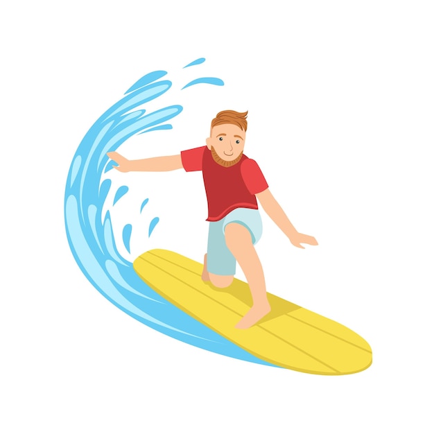 Facet łapiący falę na żółtej desce surfingowej