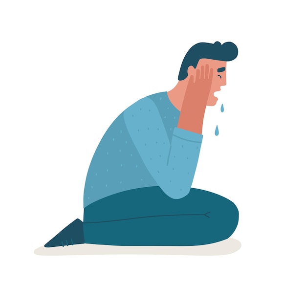 Facet Płacze I Szlocha Smutny Zmęczony Człowiek Cierpi Na Zaburzenia Depresyjne Paranoja Stres łzy Wektor Płaska Ilustracja Problemów Psychicznych Metafora żalu
