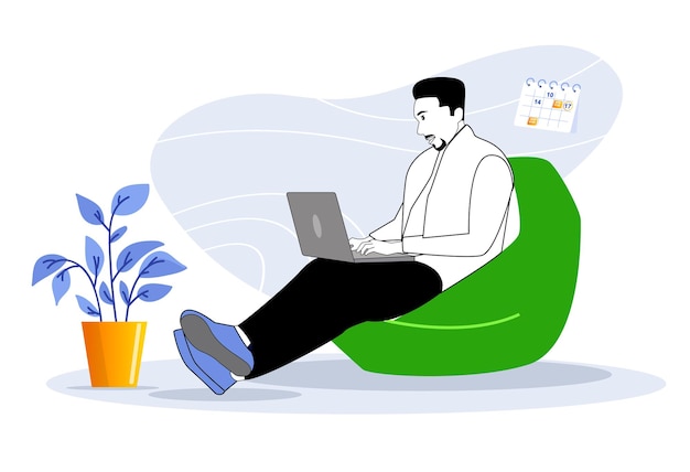 Fajny chłopiec za pomocą laptopa na elementach projektu ilustracji wektorowych worek fasoli
