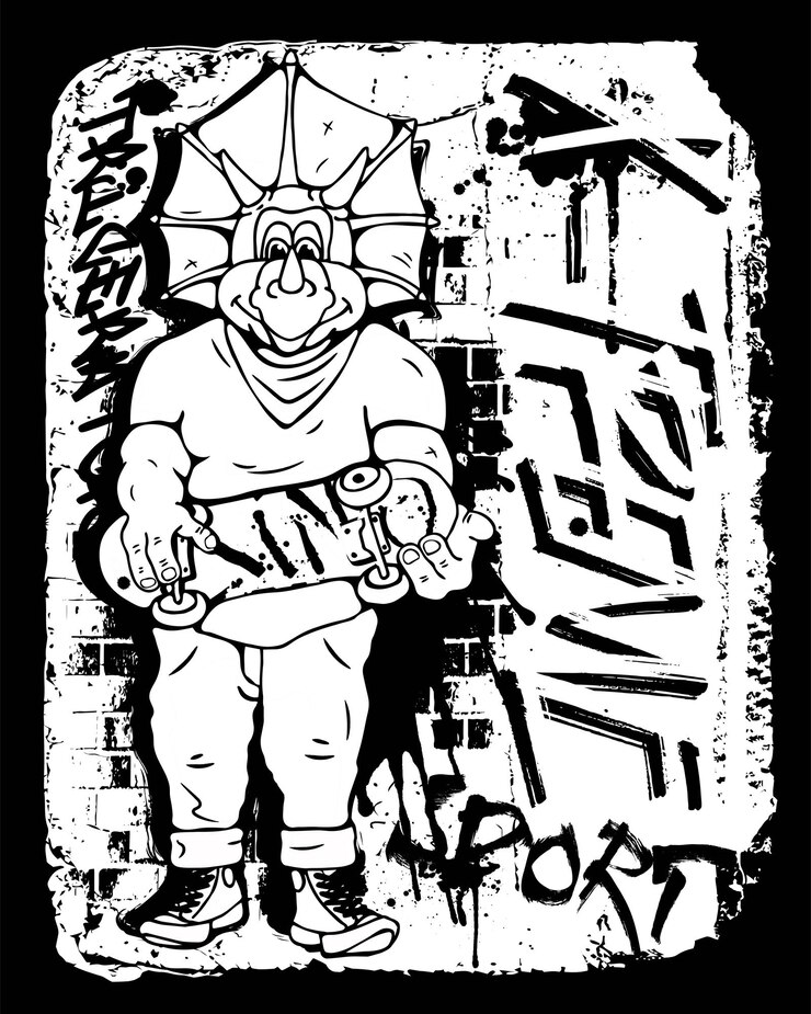 Wektor fajny dinozaur triceratops jeździ na deskorolce ilustracja wektorowa grunge ilustracji czarno-białe