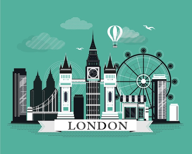 Fajny graficzny plakat panoramę Londynu z retro wyglądającymi szczegółowymi elementami. krajobraz z zabytkami.