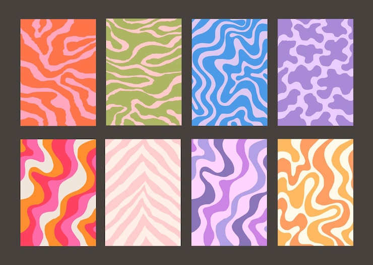Wektor fajny groovy wzór kolekcja plakatów zestaw tekstur y2k modny abstrakcyjny geometryczny 90. tła funky retro vintage backdrops