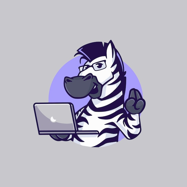 Fajny nerdy Zebra kreskówka trzymająca laptopa