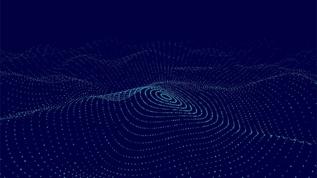 Fala futurystyczna Cyberprzestrzeń ciemna wektor Abstrakcyjna fala dźwiękowa muzyki z kropkami Białe poruszające się cząstki na niebieskim tle