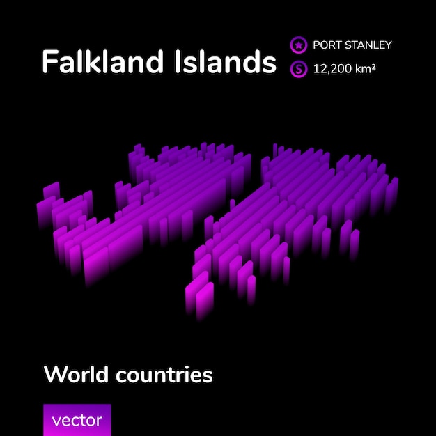 Falklandy Mapa 3D Stylizowane paski neonowe cyfrowe izometryczne wektor Mapa jest w fioletowych kolorach na czarnym tle