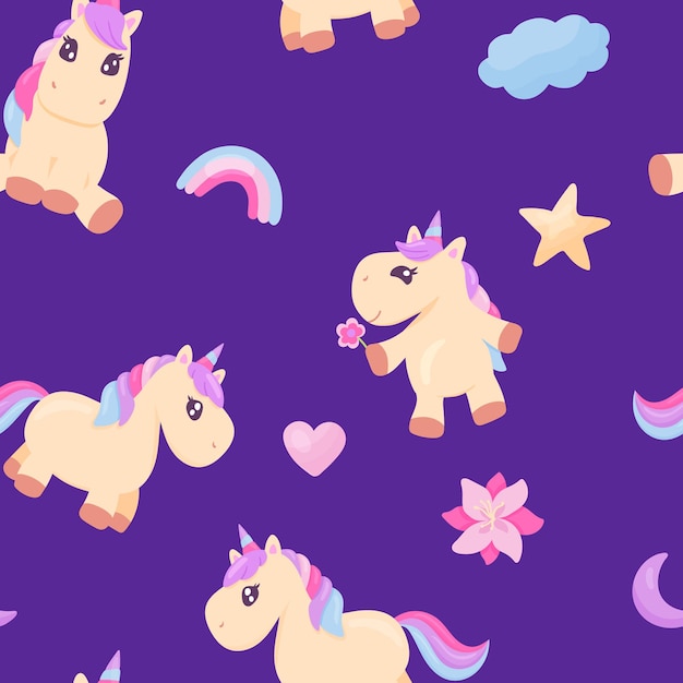 Fantasy kreskówka wzór z cute baby jednorożca do projektowania tekstyliów. Tęcza, chmura i gwiazda