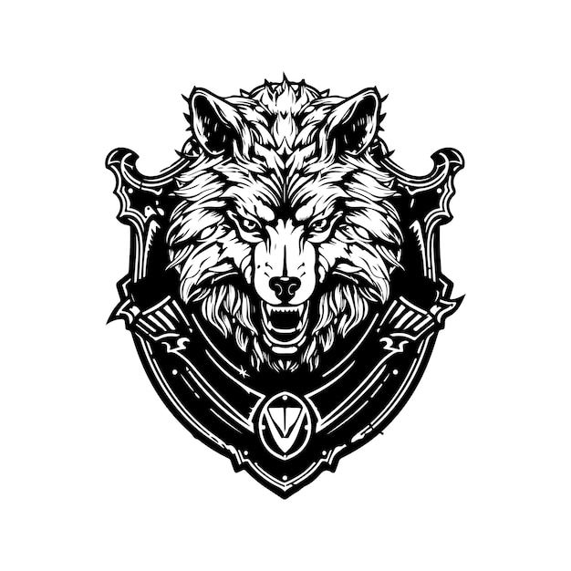 Fantasy wilk wojownik vintage logo grafik koncepcja czarno-biały kolor ręcznie rysowane ilustracja