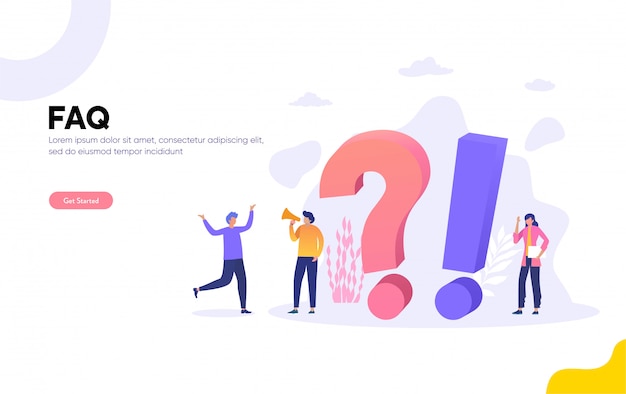 FAQ i ilustracja QNA, postacie ludzi stojące obok znaków zapytania. Centrum wsparcia online dla kobiet i mężczyzn. Płaskie ilustracja, strona docelowa, szablon, interfejs użytkownika, sieć