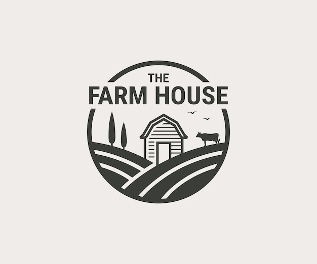 Farm House Logo Krowa I Pole Naturalnych Produktów Rolnych Ilustracja Wektora