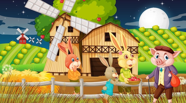 Plik wektorowy farma w nocy scena z rodziną królików i postacią z kreskówki świni