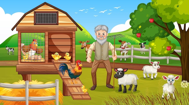 Plik wektorowy farma w scenie dziennej ze starym rolnikiem i zwierzętami gospodarskimi