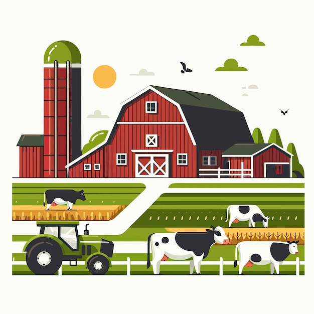 farma z ciągnikiem i krowami na farmie
