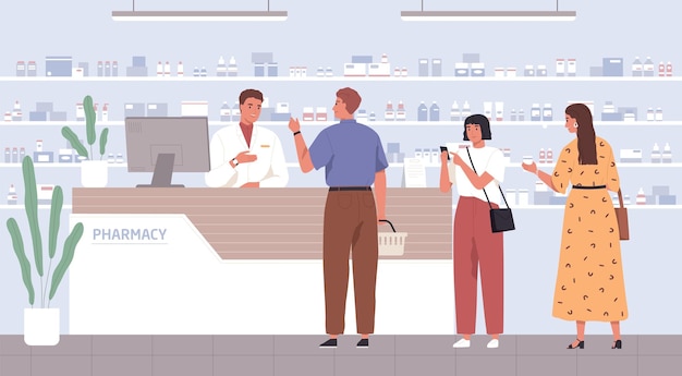 Farmaceuta pomaga klientom wybierać leki w aptece. Ludzie w kasie apteki, kupujący leki i konsultujący się z aptekarzem. Kolorowe płaskie wektor ilustracja usług farmaceutycznych.