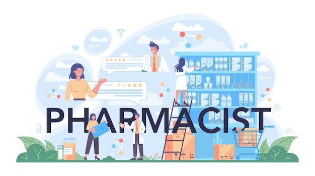 Farmaceuta Typograficzny Nagłówek Farmaceuta Przygotowuje I Sprzedaje Leki W Butelce I Pudełku Na Leczenie Choroby Koncepcja Opieki Zdrowotnej I Leczenia Na Białym Tle Wektor Ilustracja