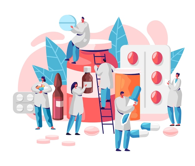 Farmacja biznes medycyna apteka charakter. Opieka farmaceuty nad pacjentem. Profesjonalna nauka farmaceutyczna. Infografika Infografika pigułki online. Ilustracja wektorowa płaski kreskówka