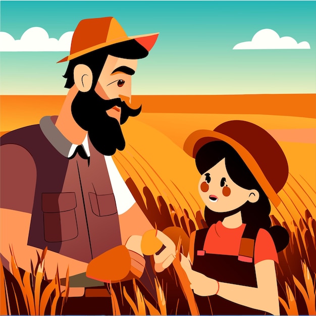 Plik wektorowy farmer ojciec i córka zbior ręcznie narysowany płaski stylowy kreskówka naklejka ikonę koncepcja odizolowana
