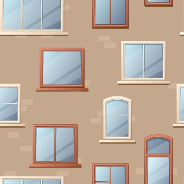 Plik wektorowy fasada z wzorem okien bezszwowy wydruk ściany budynku z różnymi oknami z kreskówek wektorowa kreskówka tekstura elewacji domu
