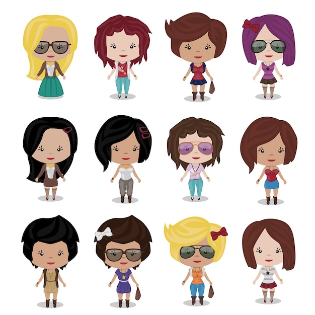 Fashion Cartoon Girls. Ilustracja Clipart. Kolorystyka Opatrunku.