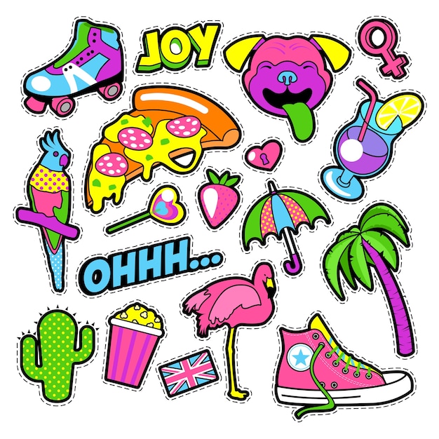 Fashion Girls Odznaki, Naszywki, Naklejki - Flamingo Bird, Pizza Parrot I Heart In Comic Style. Ilustracja