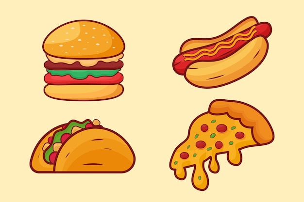 Fast Food ilustracja projekt z Cartoon stylu Burger Hotdog Pizza i Sandwich