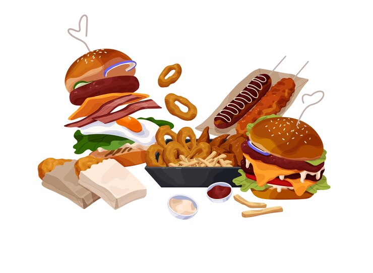 Wektor fast food niezdrowe jedzenie amerykański hamburger frytki smażone cebulowe pierścienie kukurydziane psy smaczna przekąska na obiad hamburger lewitujący płaska izolowana ilustracja wektora na białym tle