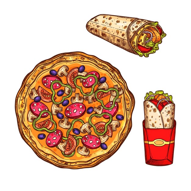 Plik wektorowy fast food pizza doner burrito wektor ikony szkicu