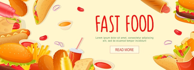 Fast Food Poziomy Baner Internetowy Taco Hot Dog Hamburger Cola Kanapka Frytki Ketchup Musztarda I Inne Przekąski Ilustracja Wektorowa Dla Szablonów Okładek Strony Internetowej Nagłówka W Nowoczesnym Stylu