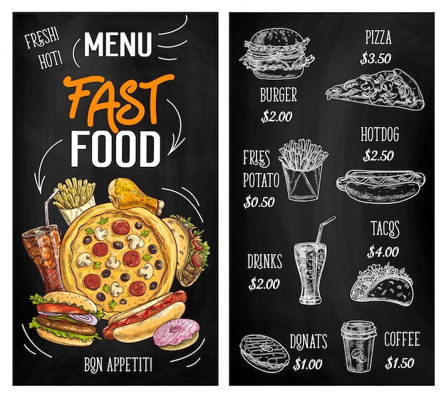 Fast Food Szkic Menu Tablica, Hamburgery, Pizza