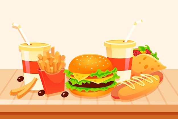 Fast Food Z Hamburgery Frytki Pączki I Więcej Ilustracji Wektorowych