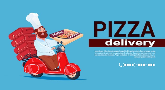 Plik wektorowy fast pizza delivery concept chef cook riding red motor bike. szablon transparentu