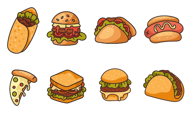 Fast street food burger, pizza, kanapka, taco na białym tle zestaw doodle zestaw koncepcji stylu sztuki linii