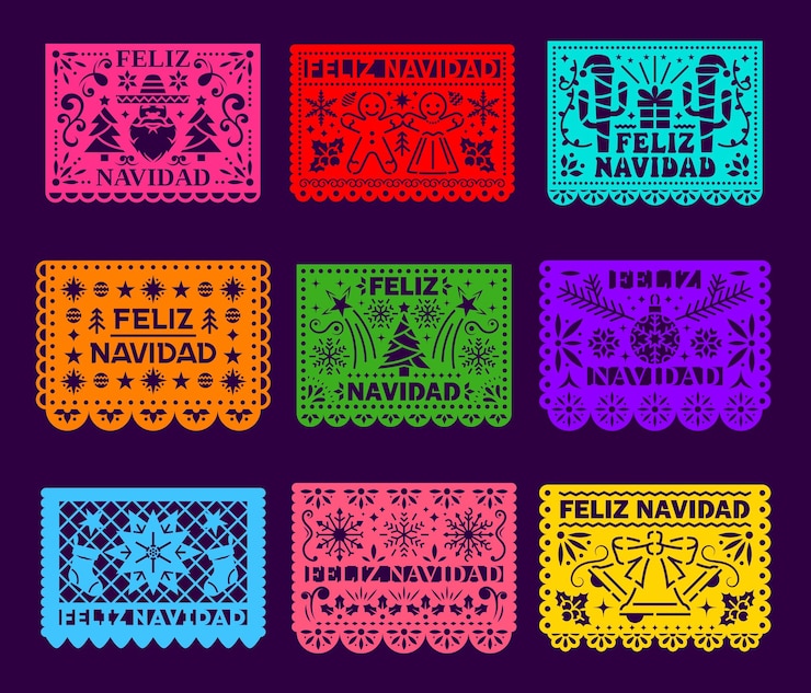 Wektor feliz navidad papierowy cięcie papel picado dla meksykańskich świątecznych banerów flagi dekoracje wektorowe meksykańska fiesta papel picado papierowe cięcie flagi z drzewem świątecznym płatki śniegu podarunkowe skarpetki i ciasteczka imbirowe