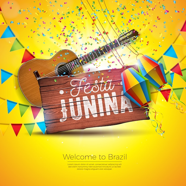 Festa Junina Illustration With Acoustic Guitar And Party Flags