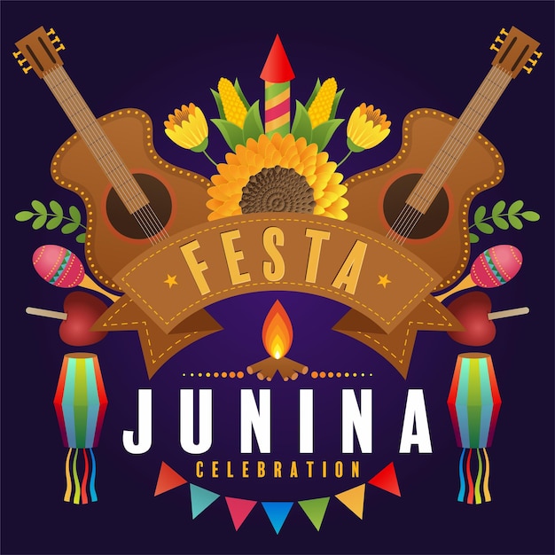 Festa Junina Plakat Czerwiec Festiwal Folklor Wakacje Gitara Akordeon Kaktus Lato Słonecznik Campfir