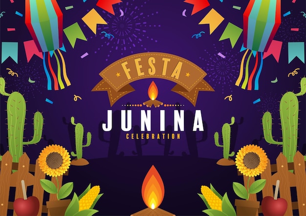 Festa Junina Plakat Czerwiec Festiwal Folklor Wakacje Gitara Akordeon Kaktus Lato Słonecznik Campfir