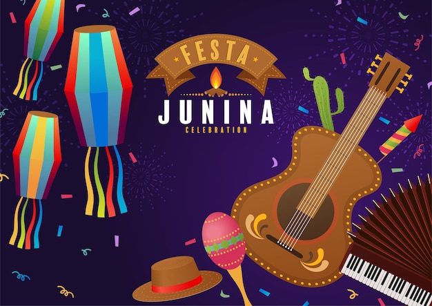 Festa Junina Plakat Czerwiec Festiwal Folklor Wakacje Gitara Akordeon Kaktus Lato Słonecznik Campfir