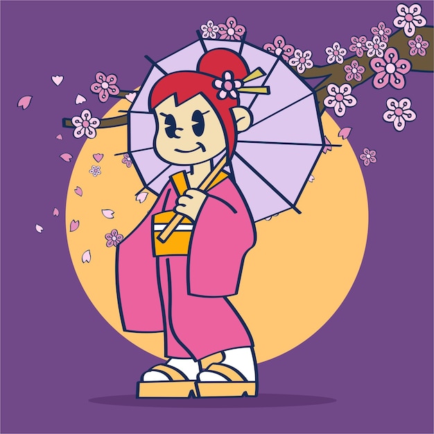 Festiwal Kwiatów Wiśni Japonka trzymająca Wagasę w kimonie ręka rysuje wektor