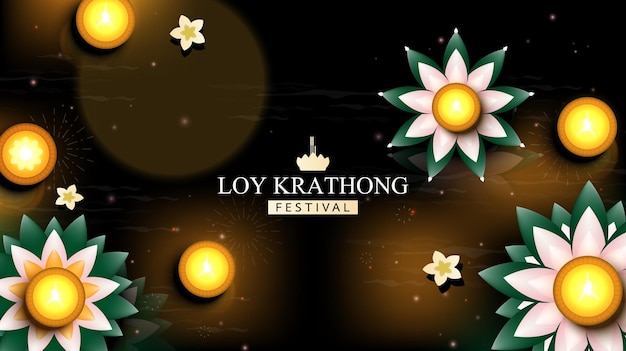 Plik wektorowy festiwal loy krathong na nocnym niebie krathong i świeca terakota pływające na rzece